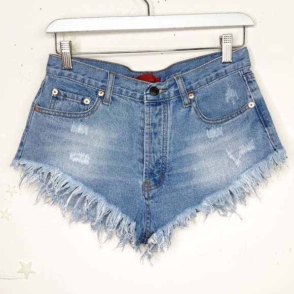 SIGNATURE 8 medium button fly distressed keep it brief micro denim shorts - Picture 4 of 9